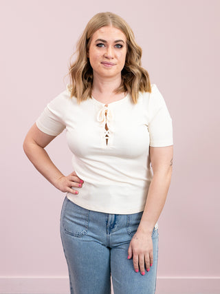 *NEW* DEX | Kienna Ribbed Lace Up Tee | Vintage Ivory