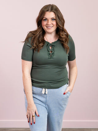 DEX | Kienna Ribbed Lace Up Tee | Ivy