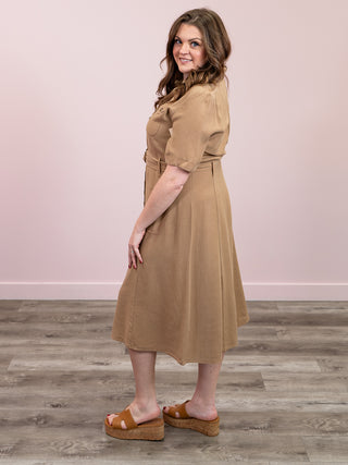 *NEW* DEX | Sweetgrass Belted Utility Midi Dress | Cafe Au Lait