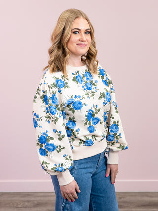 Roses Pullover Top | Oatmeal & Blue
