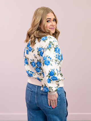 Roses Pullover Top | Oatmeal & Blue