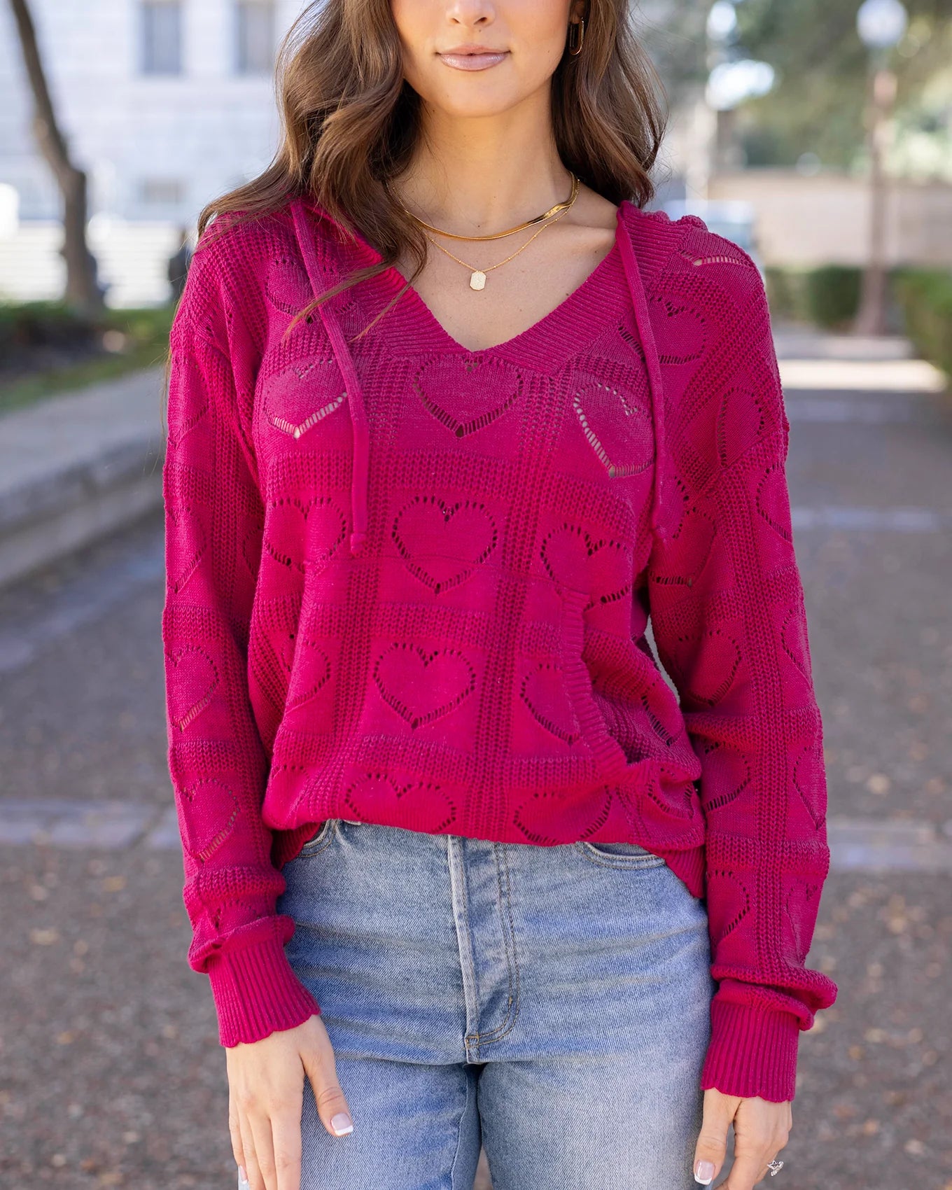 Grace & Lace | Hooded Heart Pointelle Knit Sweater | Valentine Pink