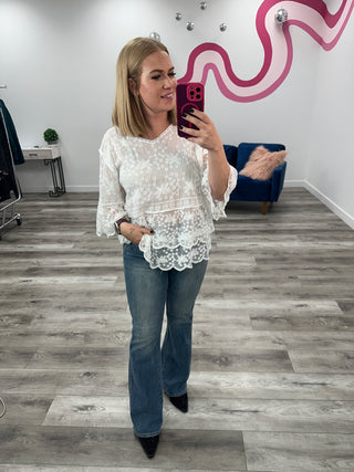 Carly Bell Sleeve Lace Blouse | White