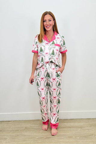 PREORDER Shirley Pajama Set | Button Down & Pants | Christmas Tree Bow - shipping early November