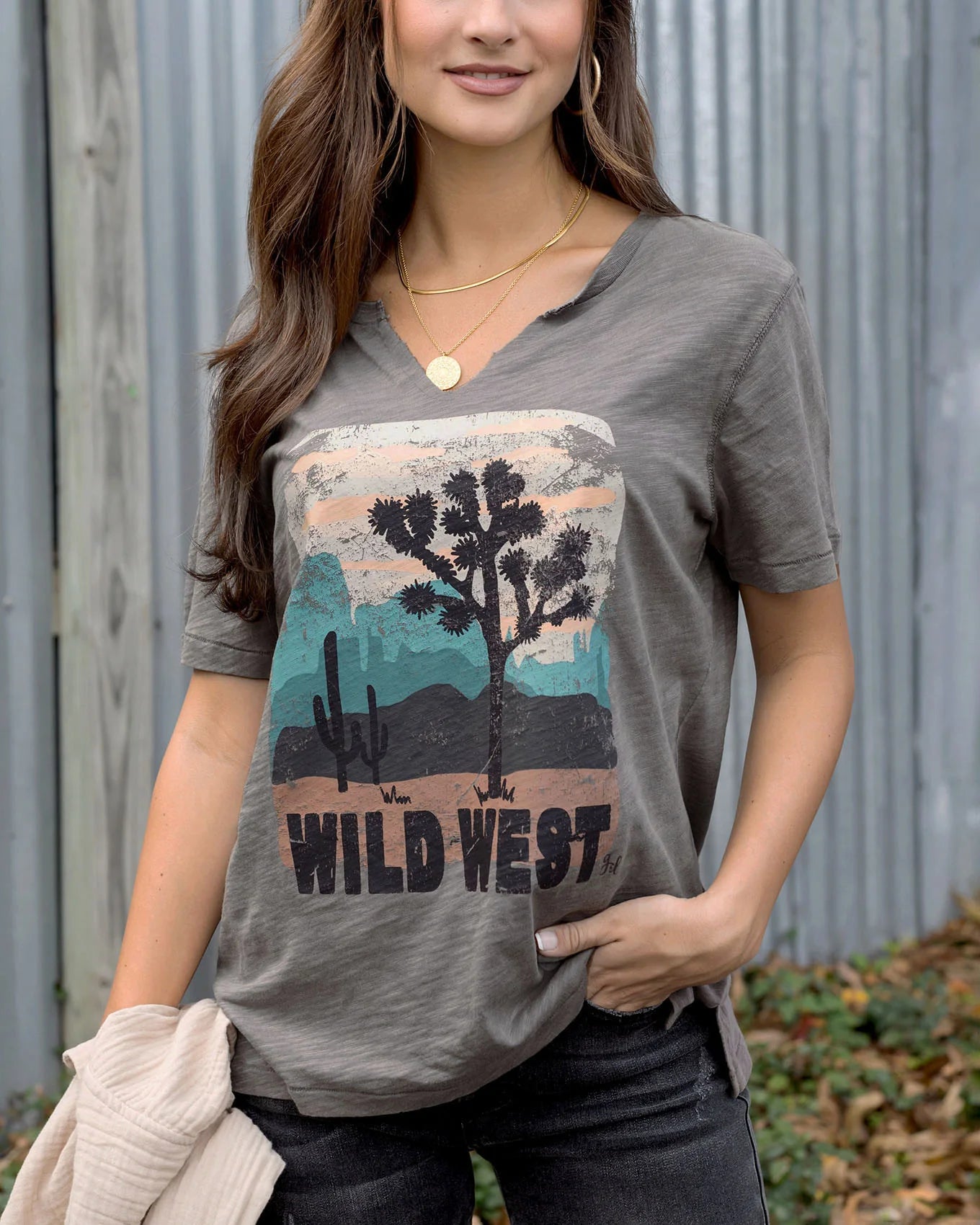 Grace & Lace | Notched Neck Washed & Worn Graphic Tee | Wild West
