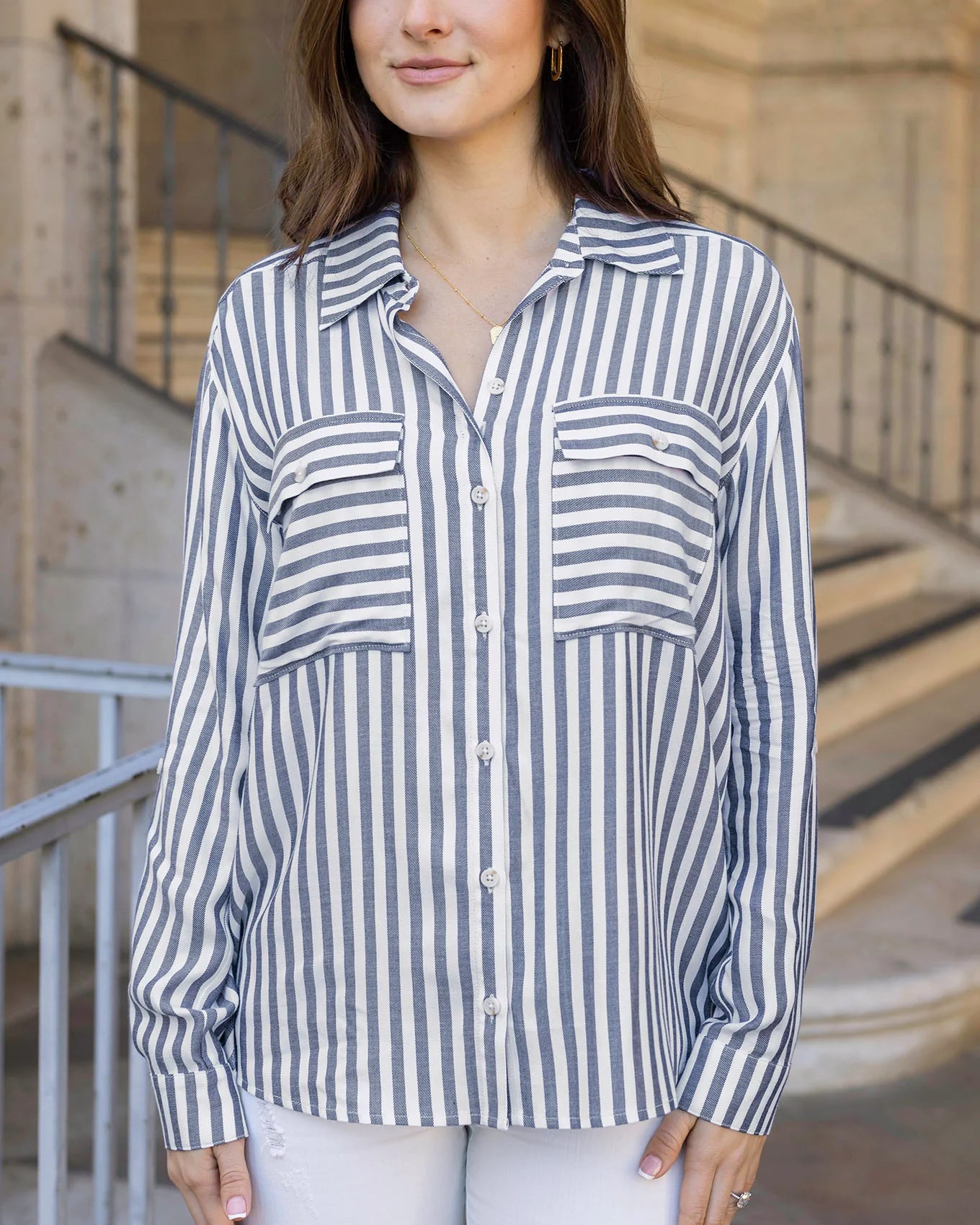 *NEW* Grace & Lace | Seaside Striped Button Down Shirt | Blue & Ivory