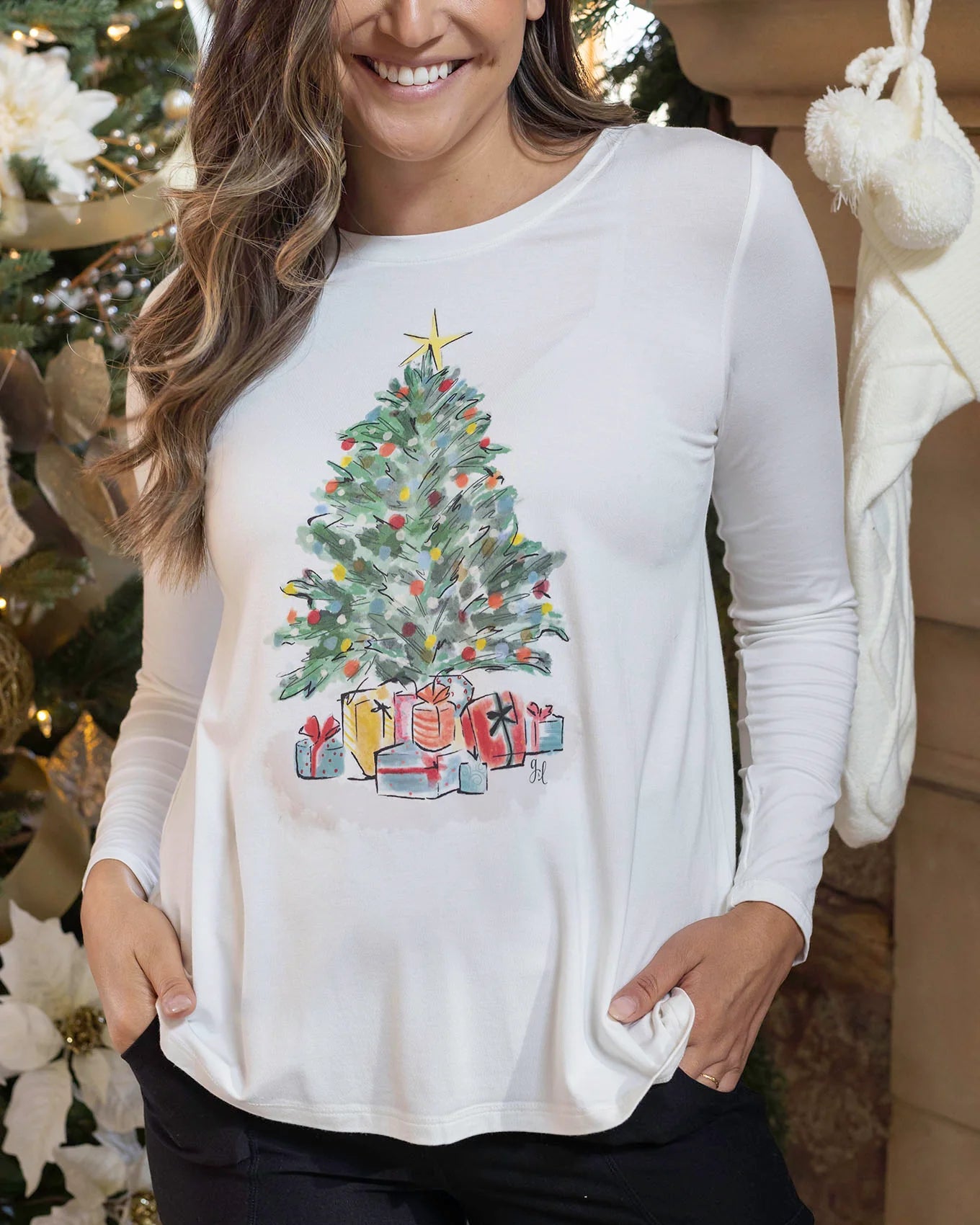 *NEW* Grace & Lace | Long Sleeve Perfect Crew Neck Graphic Tee | Watercolor Christmas Tree