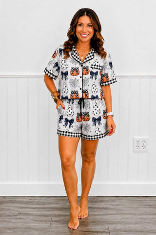 PREORDER Shirley Pajama Set | Button Down & Shorts | Pumpkin Bow - shipping mid September